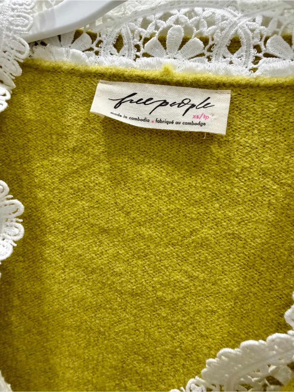 Free People Yellow-Green Lace Trim Bobble V-Neck Cardigan - Picture 2 of 5